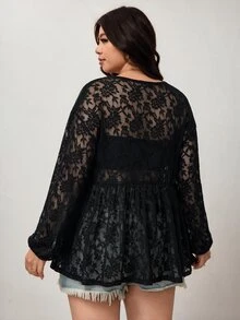 Enliva Plus-Size Women's Casual Loose Basic Long-Sleeved T-Shirt, Semi-Transparent LaceApple,Rounded Body - Black - View 2