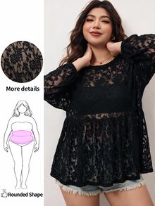 Enliva Plus-Size Women's Casual Loose Basic Long-Sleeved T-Shirt, Semi-Transparent LaceApple,Rounded Body - Black - View 8