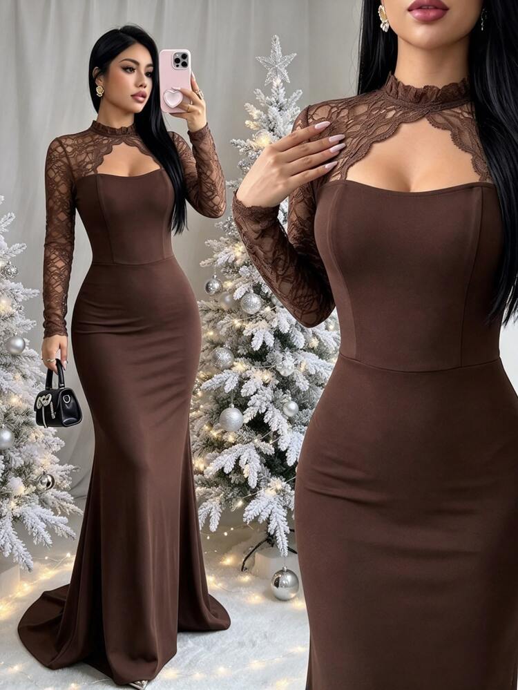 Elenzga Contrast Lace Cut Out Front Mermaid Hem Maxi Dress - Coffee Brown - View 3