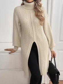 SHEIN Autumn/Winter High Neck Cable Knit Pullover Sweater - Apricot - View 6