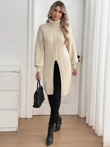 SHEIN Autumn/Winter High Neck Cable Knit Pullover Sweater - Apricot - View 4