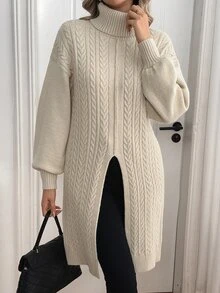 SHEIN Autumn/Winter High Neck Cable Knit Pullover Sweater - Apricot - View 1