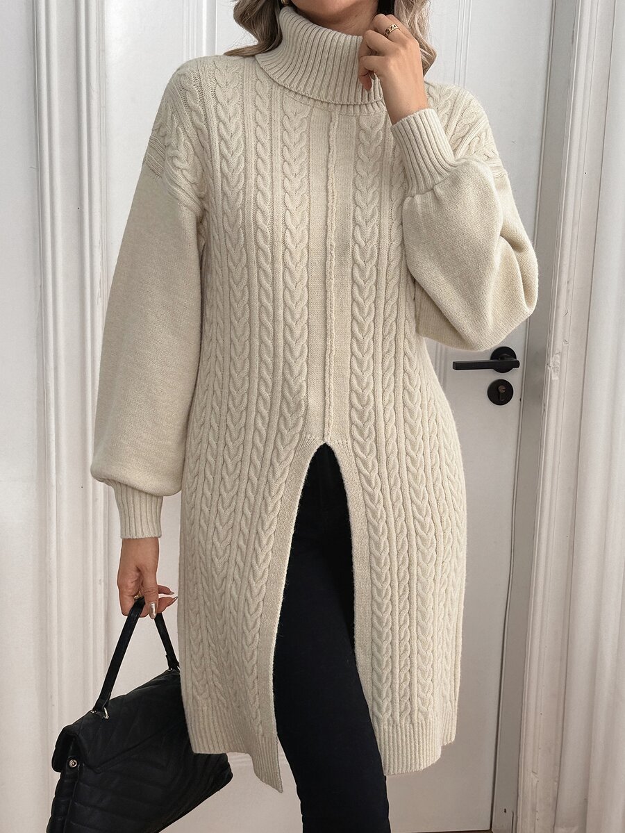SHEIN Autumn/Winter High Neck Cable Knit Pullover Sweater - Apricot - View 1