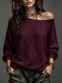 SHEIN LUNE Women's Solid Color Oblique Shoulder Long Sleeve Loose Casual Pullover Sweater, Autumn/Winter - Burgundy - View 7