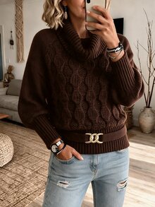 Louniche كنزة نسائية عتيقة ناعمة رقيقة فاخرة بتصميم مجعد عند الرقبة وحياكة كابل مع ضيق الخصر - قهوة بني - مشاهدة 1