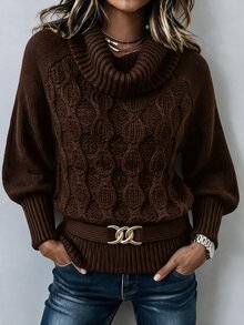 Louniche كنزة نسائية عتيقة ناعمة رقيقة فاخرة بتصميم مجعد عند الرقبة وحياكة كابل مع ضيق الخصر - قهوة بني - مشاهدة 6