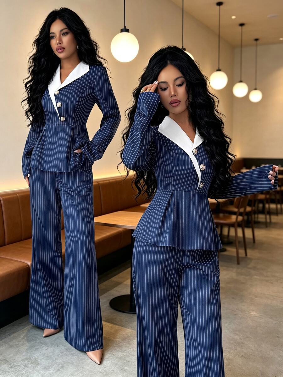 Elenzga Women's Striped Colorblock Design Collar & Straight Leg Pants Suit 2 Pieces Set, Office Casual Elegant Outfit, Party Gathering, Wedding Reception - Multicolor - View 1