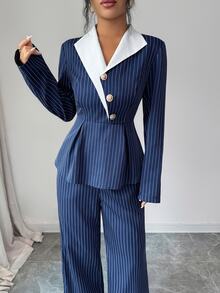 Elenzga Women's Striped Colorblock Design Collar & Straight Leg Pants Suit 2 Pieces Set, Office Casual Elegant Outfit, Party Gathering, Wedding Reception - Multicolor - View 7