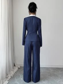 Elenzga Women's Striped Colorblock Design Collar & Straight Leg Pants Suit 2 Pieces Set, Office Casual Elegant Outfit, Party Gathering, Wedding Reception - Multicolor - View 2