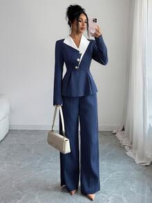 Elenzga Women's Striped Colorblock Design Collar & Straight Leg Pants Suit 2 Pieces Set, Office Casual Elegant Outfit, Party Gathering, Wedding Reception - Multicolor - View 8