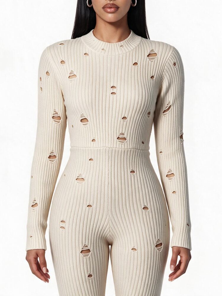 Gowayae Gowayae Autumn/Winter Unique Sexy Hot Girl Knit Distressed Ribbed Long Sleeve Jumpsuit, Slim Fit High Waist Avant-Garde Drawstring Women's Sweater - Apricot - View 3