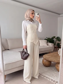 Celisse Spring/Autumn Beige 2 In 1 Waist-Cinching Top And Wide-Leg Pants Suit Set, Professional Commuter Outfit For Office, Interview, Afternoon Tea, Elegant Style - Beige - View 4