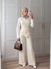 Celisse Spring/Autumn Beige 2 In 1 Waist-Cinching Top And Wide-Leg Pants Suit Set, Professional Commuter Outfit For Office, Interview, Afternoon Tea, Elegant Style - Beige - View 3