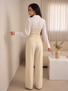 Celisse Spring/Autumn Beige 2 In 1 Waist-Cinching Top And Wide-Leg Pants Suit Set, Professional Commuter Outfit For Office, Interview, Afternoon Tea, Elegant Style - Beige - View 2