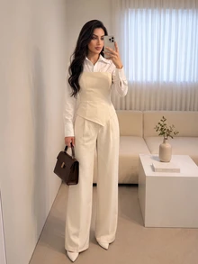 Celisse Spring/Autumn Beige 2 In 1 Waist-Cinching Top And Wide-Leg Pants Suit Set, Professional Commuter Outfit For Office, Interview, Afternoon Tea, Elegant Style - Beige - View 1