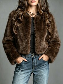LUMIGAL Women's Brown Fuzzy Long Sleeve Elegant Casual Jacket, New Autumn/Winter Style For Dating, Commuting And Vacation - Brown - View 1