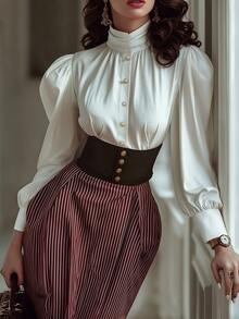 SHEIN 高級法院風設計花瓣袖復古時尚百搭內搭開襟女式襯衫，適合派對聚會通勤 - 白色 - 查看 1