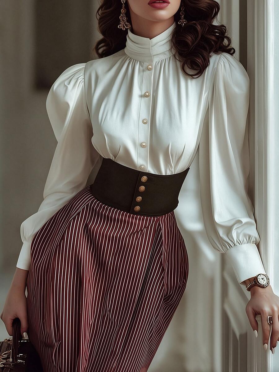 SHEIN 高級法院風設計花瓣袖復古時尚百搭內搭開襟女式襯衫,適合派對聚會通勤 - 白色 - 查看 1