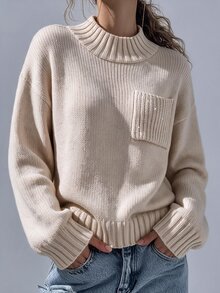 EMERY ROSE Fall/ Korean Style Soft Knit Sweater Minimalist Slouchy Half Turtleneck Chest Pocket Design Casual Commute Everyday Women's Beige Travel - Apricot - View 1