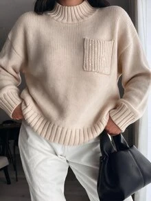 EMERY ROSE Fall/ Korean Style Soft Knit Sweater Minimalist Slouchy Half Turtleneck Chest Pocket Design Casual Commute Everyday Women's Beige Travel - Apricot - View 3