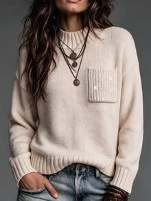 EMERY ROSE Fall/ Korean Style Soft Knit Sweater Minimalist Slouchy Half Turtleneck Chest Pocket Design Casual Commute Everyday Women's Beige Travel - Apricot - View 8