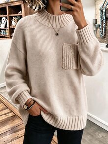 EMERY ROSE Fall/ Korean Style Soft Knit Sweater Minimalist Slouchy Half Turtleneck Chest Pocket Design Casual Commute Everyday Women's Beige Travel - Apricot - View 4