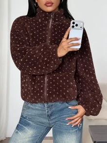 SHEIN EZwear 女款毛絨波點拉鍊長袖夾克,休閒日常穿著 - 棕色 - 查看 6