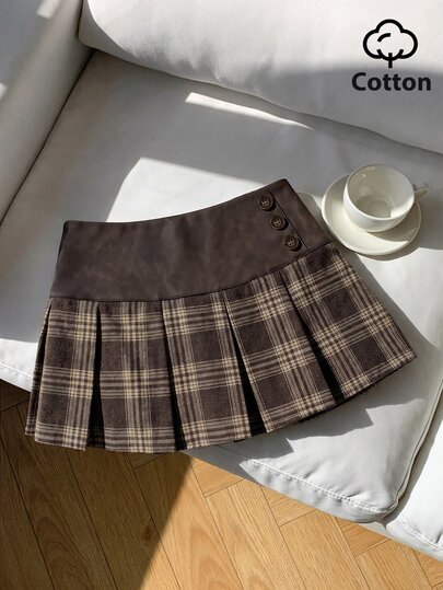 SHEIN EZwear 2026 New Women's Brown Plaid Skirt, Thanksgiving Y2K Vintage Preppy Pleated Skirt With PU Panels, For School, Academic Style, Parties Autumn Everyday