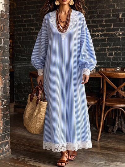 Vavine Women's Long Sleeve Blue & White Striped Lace V-Neck Maxi Dress