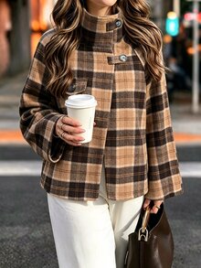 SHEIN Vintage Brown Plaid Stand Collar Short Wool Jacket Women Autumn Winter Loose Raglan Sleeve Plaid Overcoat - Brown - View 3
