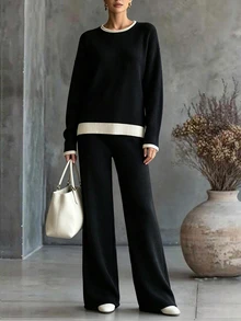Trelyra Autumn/Winter, Casual, Black Colorblock Trim Sweater Set, Daily Wear, Home Wear, Holiday Wear, Street Style, Commute Wear, Women's 2 Pieces Sweater Set - Black - View 1