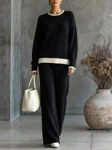 Trelyra Autumn/Winter, Casual, Black Colorblock Trim Sweater Set, Daily Wear, Home Wear, Holiday Wear, Street Style, Commute Wear, Women's 2 Pieces Sweater Set - Black - View 5