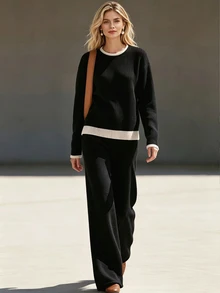 Trelyra Autumn/Winter, Casual, Black Colorblock Trim Sweater Set, Daily Wear, Home Wear, Holiday Wear, Street Style, Commute Wear, Women's 2 Pieces Sweater Set - Black - View 3