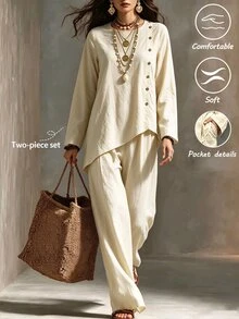 SHEIN Women's New Autumn Casual Round Neck Long-Sleeved Button-Down Top And Loose Trousers Two-Piece Set,Bohemian Style,Suitable For Commuting And Halloween - Apricot - View 6