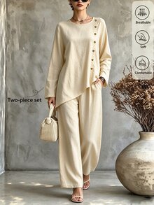 SHEIN Women's New Autumn Casual Round Neck Long-Sleeved Button-Down Top And Loose Trousers Two-Piece Set,Bohemian Style,Suitable For Commuting And Halloween - Apricot - View 1