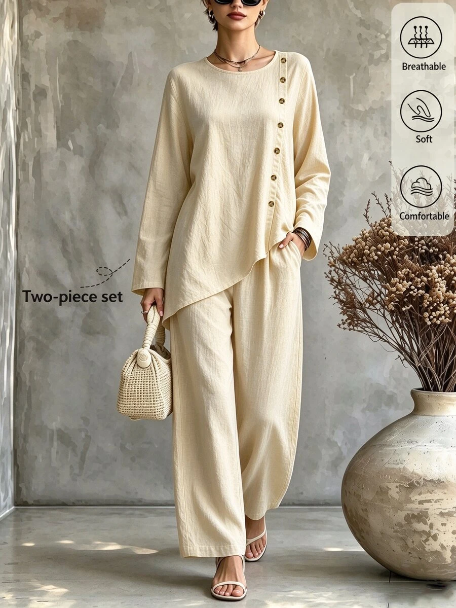 SHEIN Women's New Autumn Casual Round Neck Long-Sleeved Button-Down Top And Loose Trousers Two-Piece Set,Bohemian Style,Suitable For Commuting And Halloween - Apricot - View 1