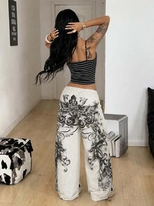 Coolane 女款秋冬街頭風休閒運動復古Y2K哥德龐克圖案法式灰色寬腿運動長褲，哥德圖案褲，萬聖節穿搭 - 淺灰色 - 查看 5