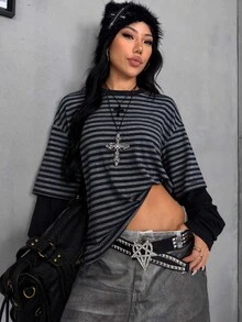 Coolane 女款秋冬舒適彈性保暖休閒街頭風外出灰色黑色條紋十字吊墜寬鬆圓領長袖T恤 - 黑色 - 查看 3