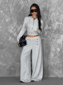 Coolane Women's Fall Basic Casual Streetwear Going Out Sporty Light Heather Gray Logo Print Baggy Wide Leg Relaxed Drawstring Sweatpants - Grey - View 4
