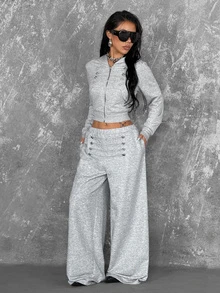 Coolane Women's Fall Basic Casual Streetwear Going Out Sporty Light Heather Gray Logo Print Baggy Wide Leg Relaxed Drawstring Sweatpants - Grey - View 7
