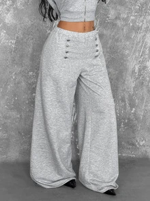 Coolane Women's Fall Basic Casual Streetwear Going Out Sporty Light Heather Gray Logo Print Baggy Wide Leg Relaxed Drawstring Sweatpants - Grey - View 6