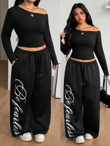 Coolane Conjunto de dos piezas para mujer talla grande, camiseta de cuello asimétrico y pantalones de chándal de pierna ancha, color negro, elegante para uso diario, salidas y deportes, otoño e invierno - Negro - Ver 7