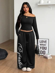 Coolane Conjunto de dos piezas para mujer talla grande, camiseta de cuello asimétrico y pantalones de chándal de pierna ancha, color negro, elegante para uso diario, salidas y deportes, otoño e invierno - Negro - Ver 3