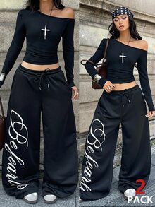 Coolane Conjunto de dos piezas para mujer talla grande, camiseta de cuello asimétrico y pantalones de chándal de pierna ancha, color negro, elegante para uso diario, salidas y deportes, otoño e invierno - Negro - Ver 6