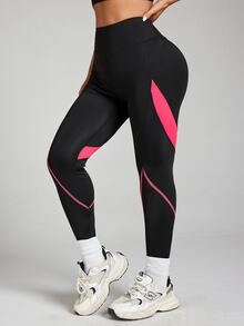 Easithlete 女款拼色高腰日常健身運動緊身褲 - 彩色 - 查看 2