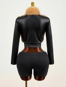 Mistrie Women's Fitted Casual Sexy Street Patchwork Fleece Jacket Night Out Going Out Black Winter - Black - View 7