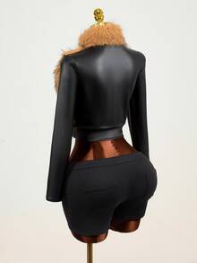 Mistrie Women's Fitted Casual Sexy Street Patchwork Fleece Jacket Night Out Going Out Black Winter - Black - View 2