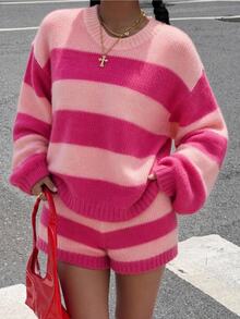BamGleam Fall/ Fashion Loose Striped Pullover Sweater Night Out Pink Stripe Casual - Multicolor - View 2