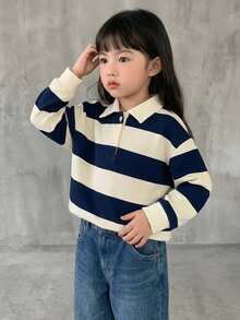 Dazy Kids Young Girl) Short Sleeve Textured Hollow Design Collar T-Shirt - Navy Blue - View 6