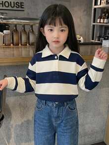Dazy Kids Young Girl) Short Sleeve Textured Hollow Design Collar T-Shirt - Navy Blue - View 7